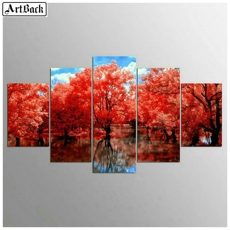 

ArtBack Five Spell Diamond Painting Red Tree 5d Full Square / Round Diamond Mosaic Autumn Scenery Living Room Decoration