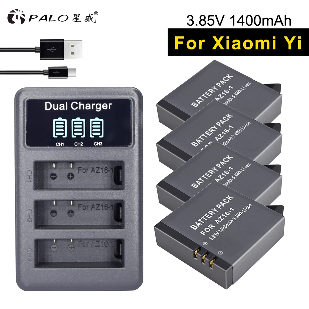 PALO 4 шт. AZ16 1 XIAOYI MI батареи для цифровой камеры + ЖК дисплей USB Двойная зарядка Xiaomi