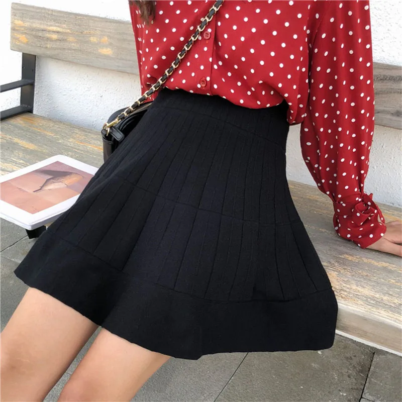 Black Skirt Женская юбка трапециевидной формы с высокой талией, Женские однотонные вязаные юбки Харадзюку, Осень-зима, корейские женские Мини-повседневные милые юбки - Цвет: Black Skirt