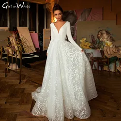 Hot Modern V Neck Satin Wedding Dress Lace A Line Skirt Bride Dresses Autumn Winter Long Sleeve Bridal Gown Vestidos De Novia