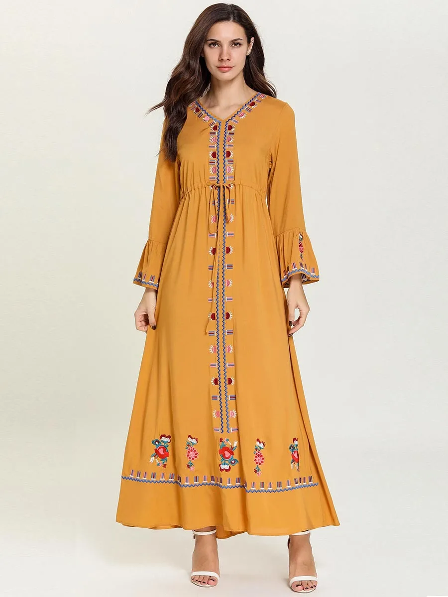 yellow Элегантная вышивка, макси-платье мусульманская абайя хиджаб Vestidos кардиган-кимоно длинные халаты Jubah Ближний Восток Eid Рамадан исламский - Цвет: yellow