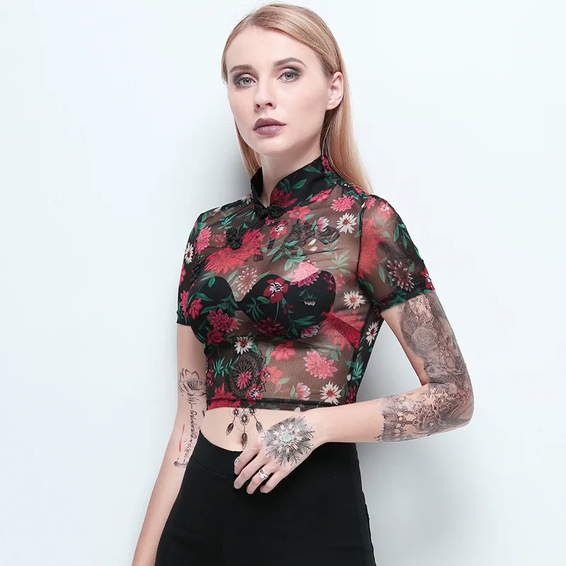 

Gothic Dark Chinese Style Cheongsam Printed sexy Mesh Slim Sheer Short Sleeve T-Shirt