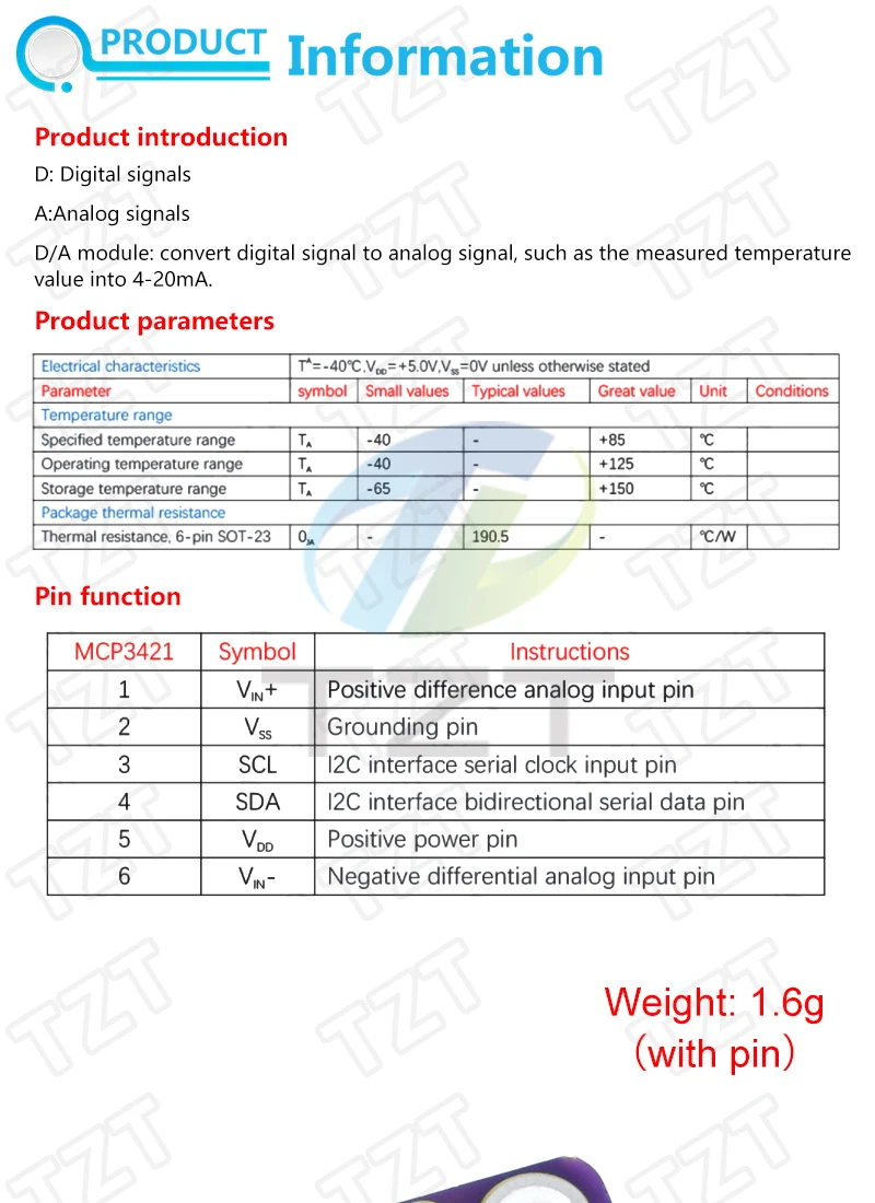 TZT MCP3421 I2C Delta-sigma Evaluierungsmodulplatine für PICkit serielles Analysemodul GY-MCP3421 – Detail 1