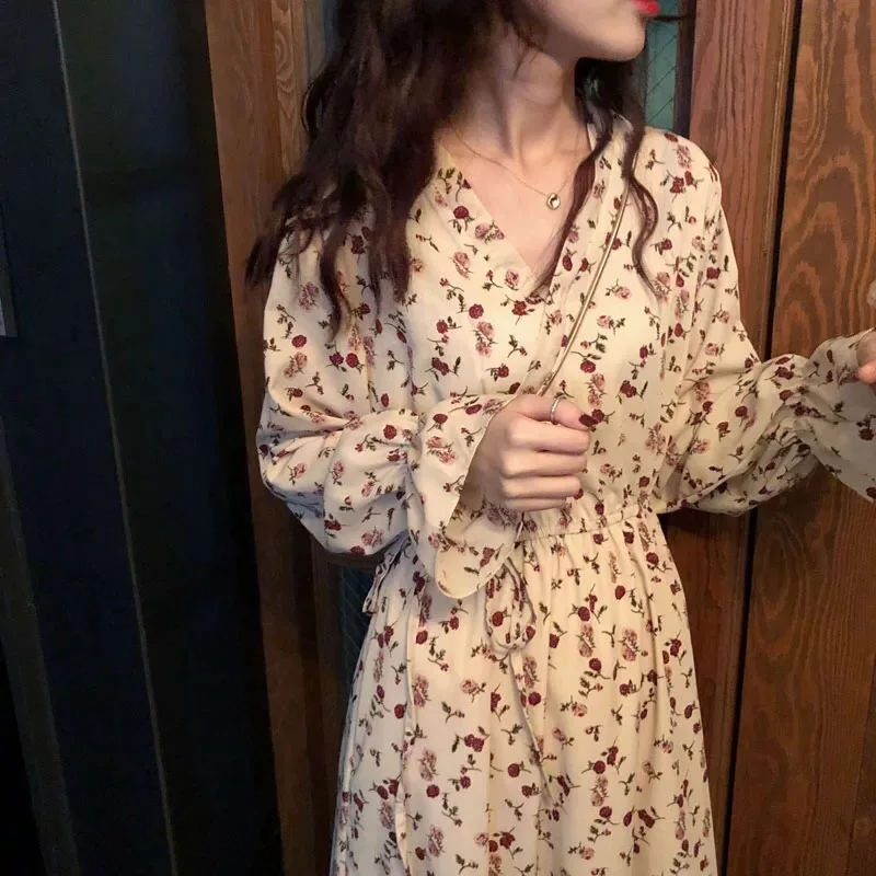 

2020 Spring Clothing New Style South Korea Sweet Loose-Fit V-neck Butterfly Sleeve High-waisted Slimming Lace-up Mid-length Dres