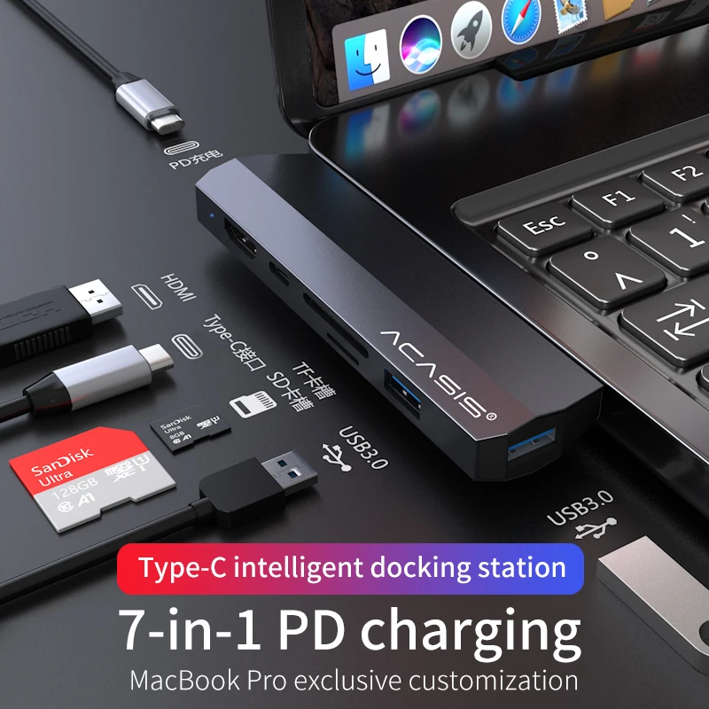 

USB C HUB Thunderbolt 3 Dock Type C Hub To USB 3.0 For MacBook Pro 7 in 1 HDMI Adapter USB-C Combo with TF Slot Micro SD Card