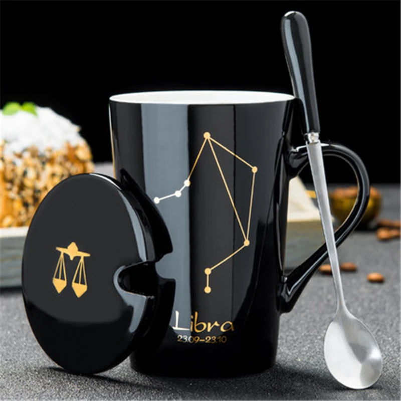 Модные креативные керамические кружки 12 созвездий с ложкой и крышкой, фарфоровая кофейная чашка зодиака для молока 400 мл, посуда для воды - Цвет: Libra