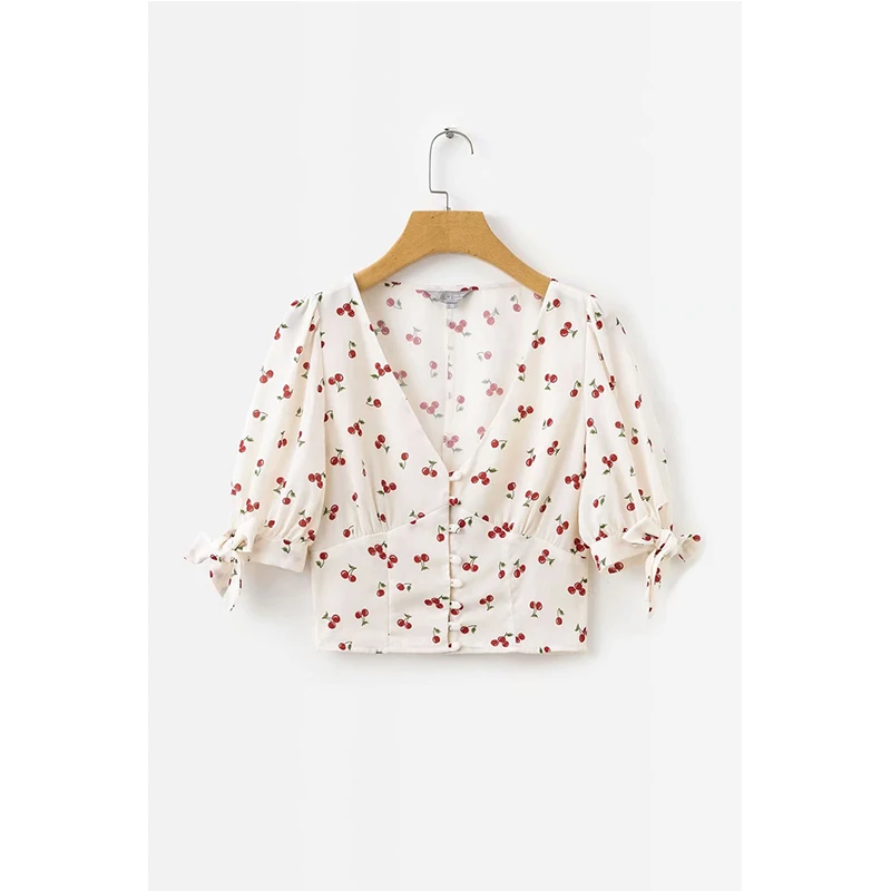 Elegant women's summer blouses and shirt v neck short sleeves with straps loose sexy summer crop top cherry print shirt women