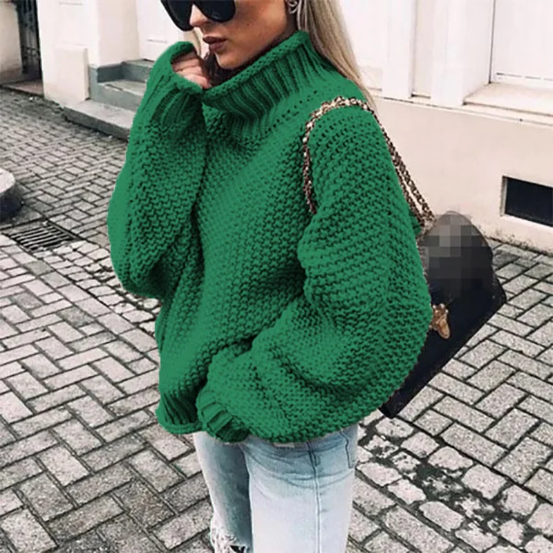 Новинка, осенний и зимний однотонный пуловер с толстой линией, женский свитер с рукавами «летучая мышь» и высоким воротником - Цвет: Зеленый