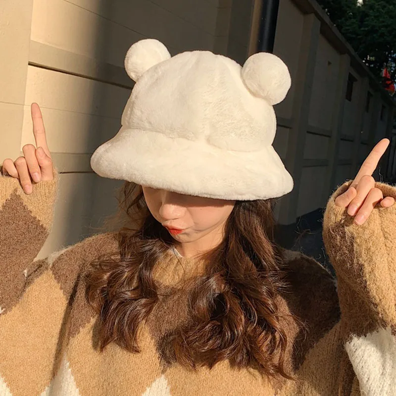

Fashion Autumn Winter Leopard Fur Bucket Hat Bear Ear Ball Plush Fisherman Hat Soft Warm Thick Basin Hat Protection Bucket Hats
