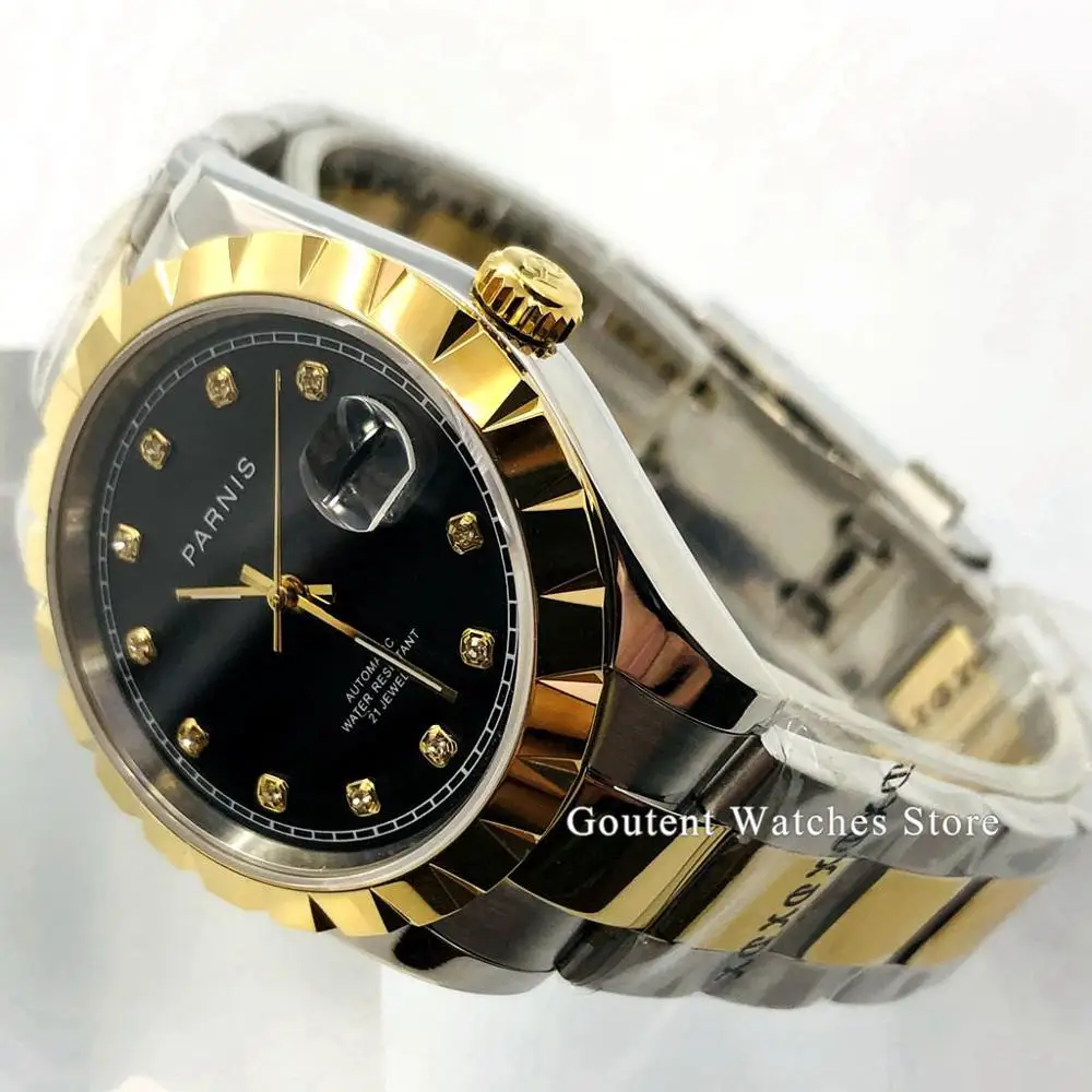 Parnis 39 мм Мужские часы Золотой корпус сапфировое стекло золото/серебро/черное