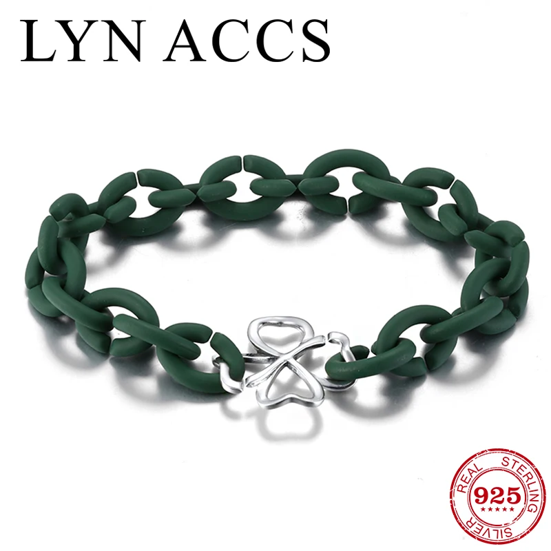 Original 925 Sterling Silver Lucky Four-leaf Clover bead Charm Bracelet for Women SeaGreen Rubber X Bracelet femme Jewelry