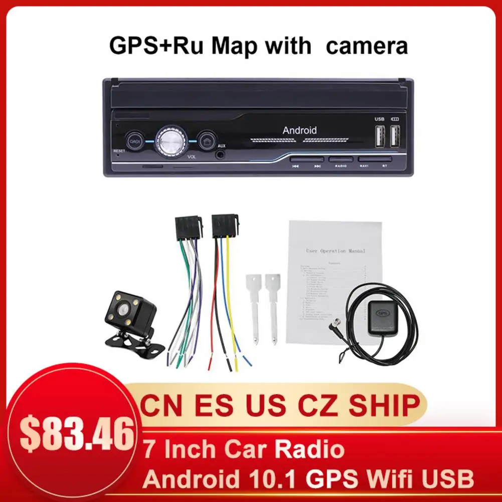 New Upgraded Android 10.1 7'' GPS WIFI Bluetooth Car Radio Autoradio 1 Din  HD Touch Screen Car MP5 Player Suppport DVR SAT NAV USB FM Rear View Camera[ 1+16G]