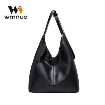 

Wmnuo Bags Women's Tote Casual 100% Genuine Leather Soft Handbag For Ladies Simple Shoulder Bags Female Black Large Capacity