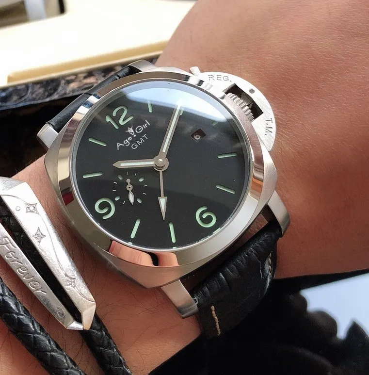 

Luxury Brand New Men Automatic Mechanical Stainless Steel 1950 3 Days GMT Luminous Black Leather Green Number Watch 44mm