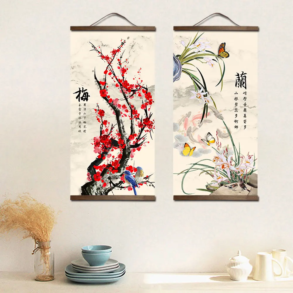 chinese style flower Green plants canvas decorative painting Store bedroom living room wall art solid wood scroll paintings 2