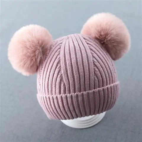 PURPLE Вязаная шапочка для малыша, хлопковая Детская кепка с двойным мехом для детей от 3 до 24 месяцев, теплая осенне-зимняя Шапка-бини для маленьких мальчиков и девочек - Цвет: PURPLE