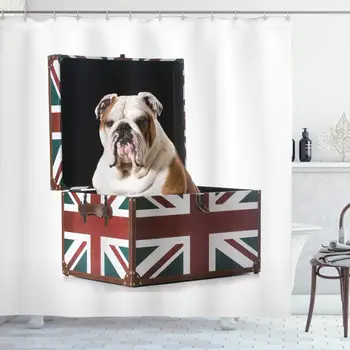 

English Bulldog Shower Curtain Bulldog Sitting in Union Jack Britain Themed Box Patriotic Design Bathroom Decor Set