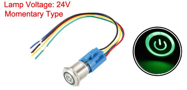 Green Momentary-24V Uxcell кнопочный переключатель/Мгновенный Металл 19mm монтажное Диаметр 1NO 1NC 12/24V светодиодный светильник с разъем провода - Цвет: Green Momentary-24V