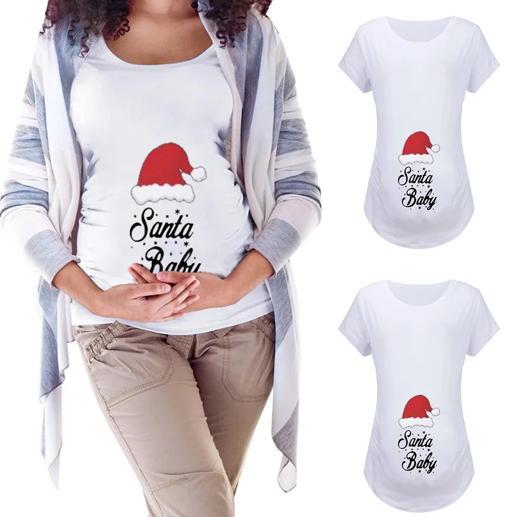 Ropa mujer для беременных женская одежда для беременных с коротким рукавом с принтом рождественских букв свободная Рождественская футболка с круглым вырезом