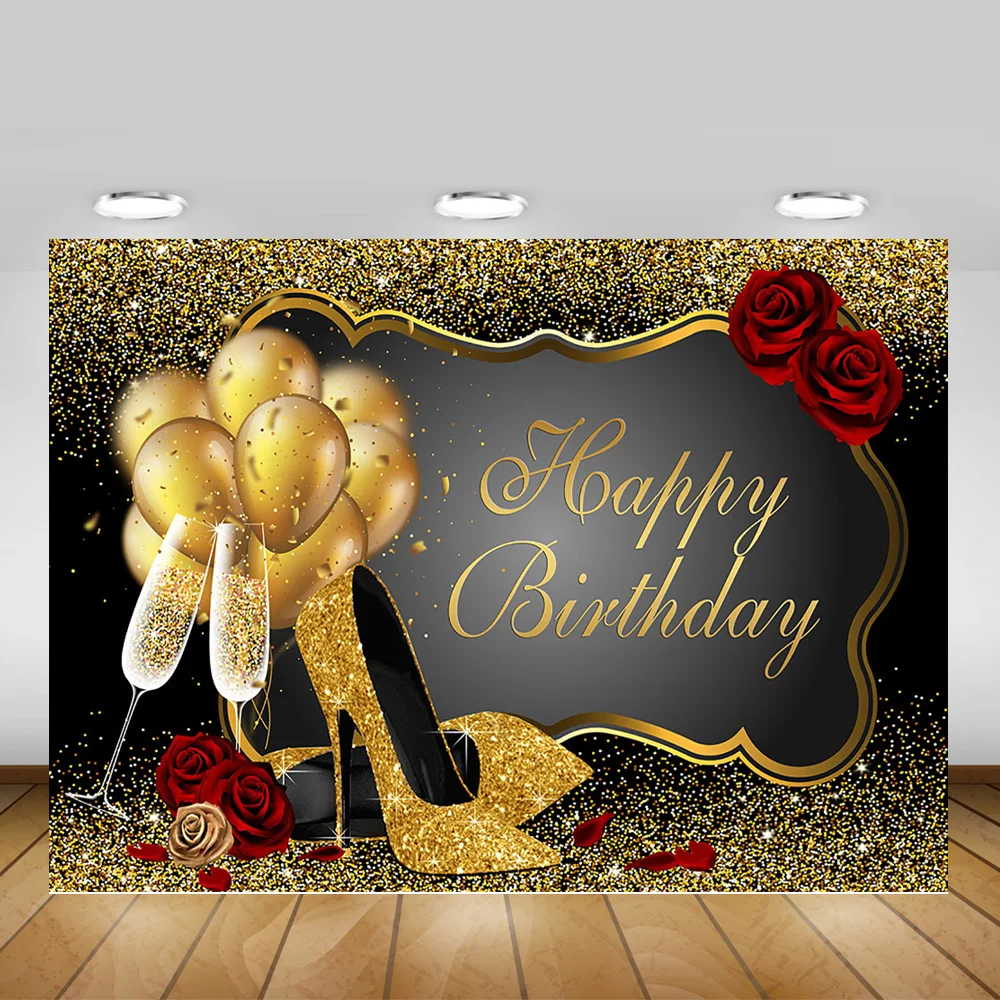 Mocsicka Happy Birthday Backdrop High Heels Balloons Rose Adult Women Mocsicka Happy Birthday Backdrop High Heels Balloons Rose Adult Women