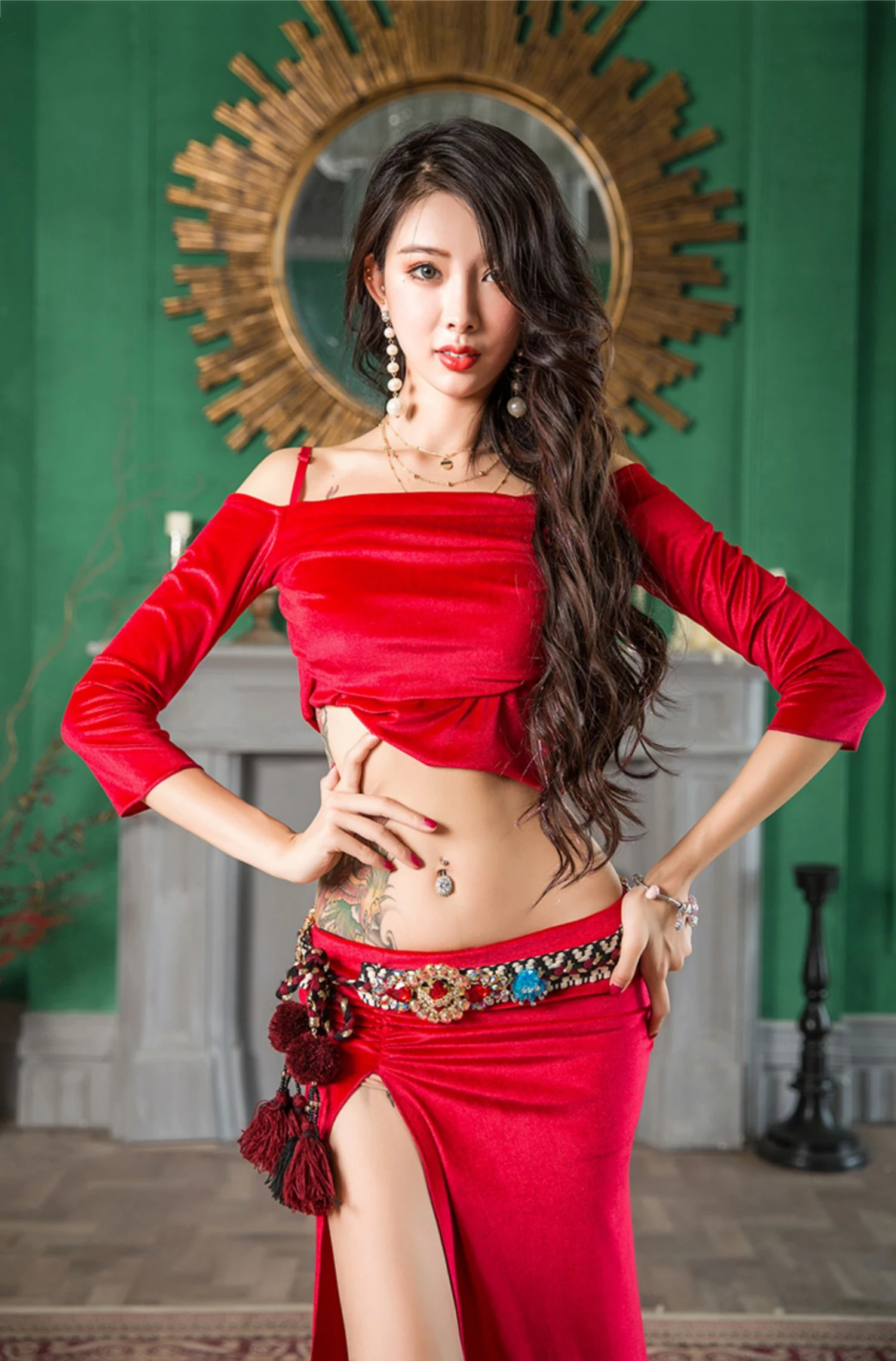 vintage red Женский набор костюма для танца живота осень зима танец живота практика тренировочная одежда Vevelt с открытыми плечами Топ Юбка Vevelt танцевальная одежда - Цвет: vintage red