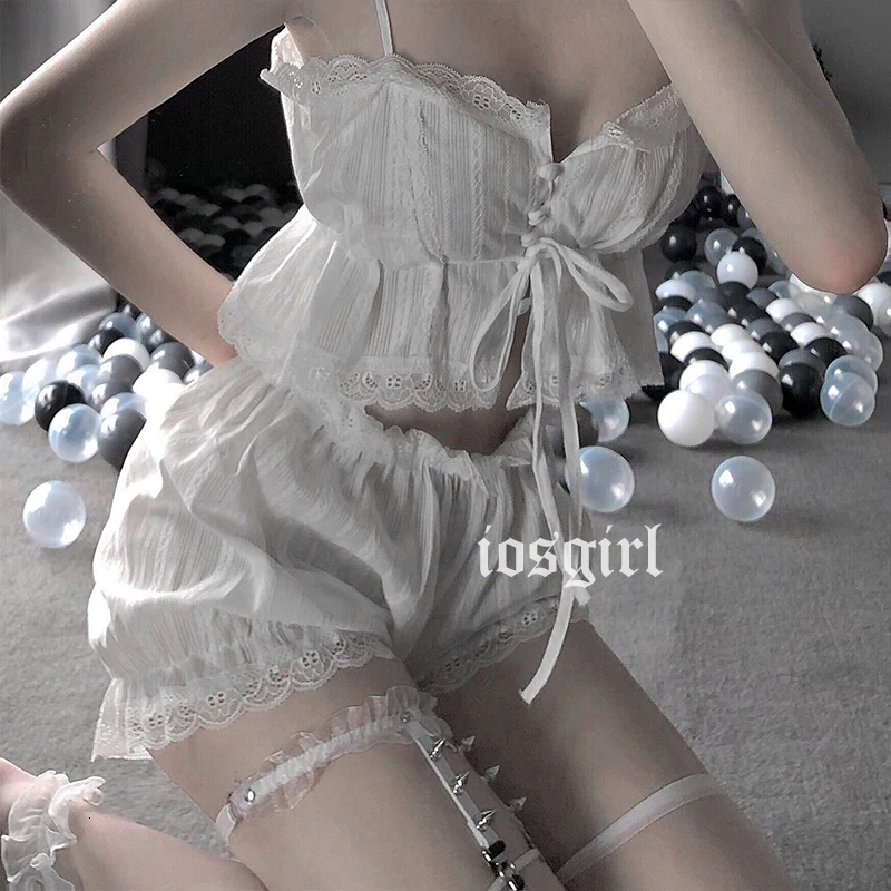 Белый шифон сексуальное женское белье набор Лолита рюшами нижнее белье трусики Связывание ночное белье Caitsuit костюм Прозрачное платье Lenceria