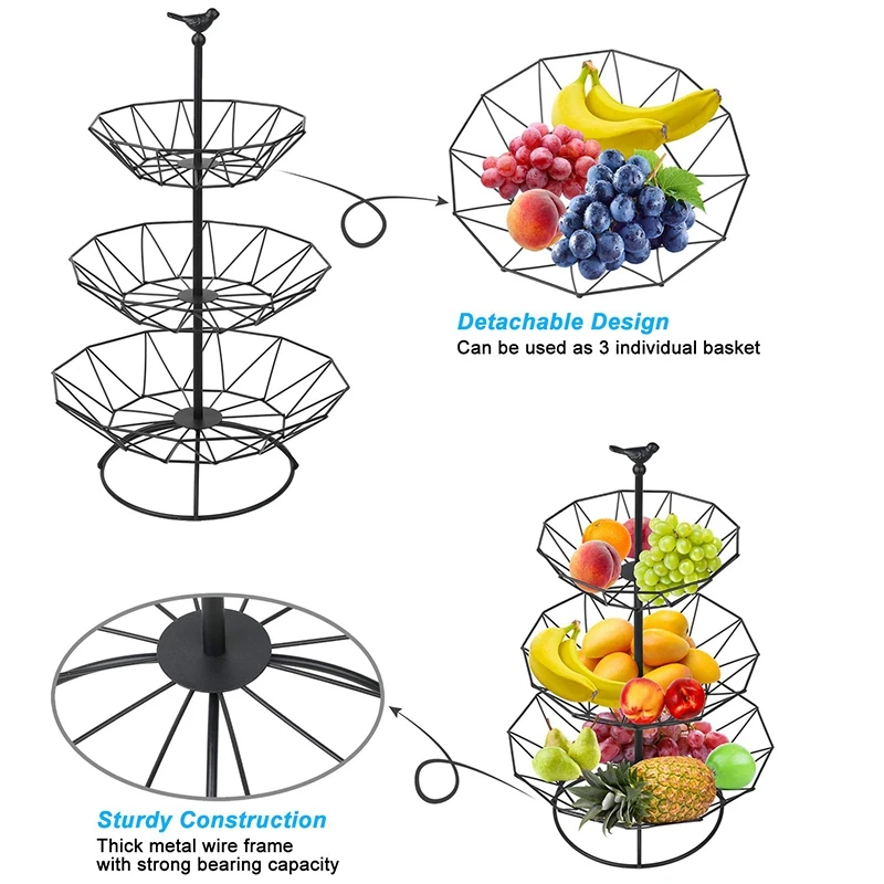 Countertop Fruit Basket Holder Decorative Tabletop Stand Perfect for Vegetables, Snacks, Household Items, 3 Tier Black