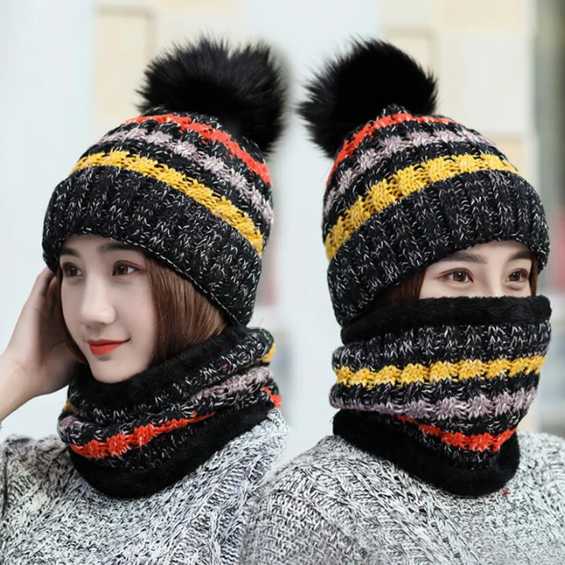

Winter Women's Hat Scarf Set Warm Beanies Hat Ring Scarf Matching Color Neck Knit Cap Pompoms Wool Winter Hat Outdoor Integrated