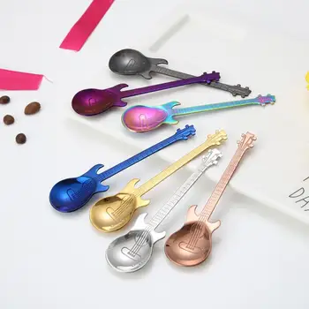 

7 Colors Stainless Steel Coffee Scoop Guitar Shaped Teaspoon Dessert Snack Drinking Spoon Tablewar Kitchen Tools Bar Accessories