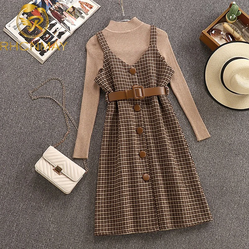 2023 Autumn Winter Woman Long Sleeves Tight Sweater Knitted Shirt Tweed Plaid High waist A-line Dress 2 pcs sets Female Outfits bkld women clothing 2023 new arrivals long sleeve mesh stitching sexy hollow out tight high waist black bodysuits y2k tops