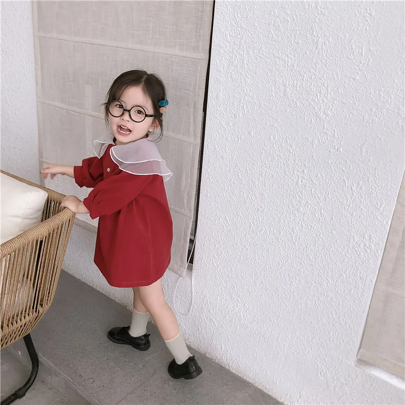 

2019 Autumn New Arrival Korean style cotton pure color long sleeve princess dress with matching color collar for baby girls