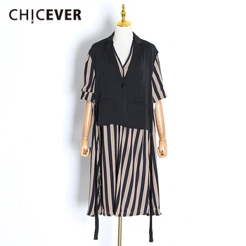 

CHICEVER Patchwork Striped Women Dress V Neck Short Sleeve High Waist Lace Up Ht Color Dresses For Female Clothing Fashion Tide