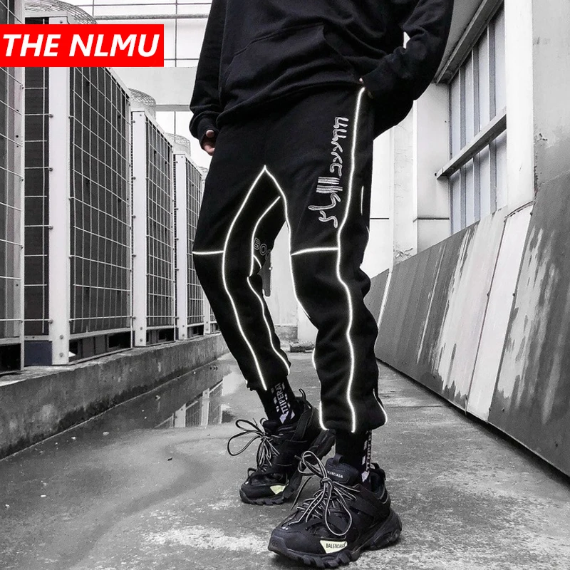 

Hip Hip Reflective Design Stripes Cargo Pants Men Joggers Pant 2019 Autumn Casual Streetwear Trousers Elastic Waist Black WG558
