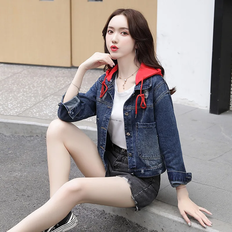 

Photo Shoot Hooded Jeans Coat 2019 Autumn New Style Korean-style Fashion Students Short Loose-Fit Long Sleeve WOMEN'S Top