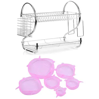 

6Pcs Silicone Stretch Lids Fresh Food Wraps Bowl Cup,Pink & 1pcs Dish Rack 2 Tier Dish Drainer Draining Board