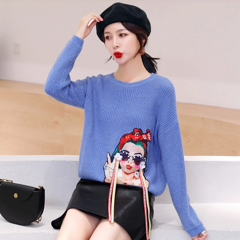 Женская одежда, свободные комплекты, корейский топ, Осень-зима, милый свитер, пуловер с рисунком Аватара, вязаные свитера для молодых девушек 600B60