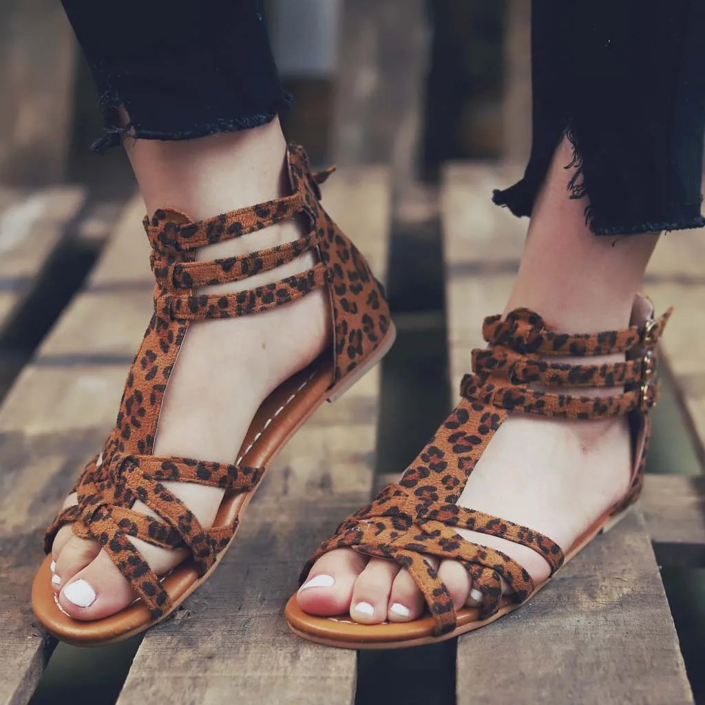 

Women's Sandals Summer Fashion Sandals Buckle Strap Flat Leopard Retro Peep Toe Flat With Rubber Women's Sandals Large Size