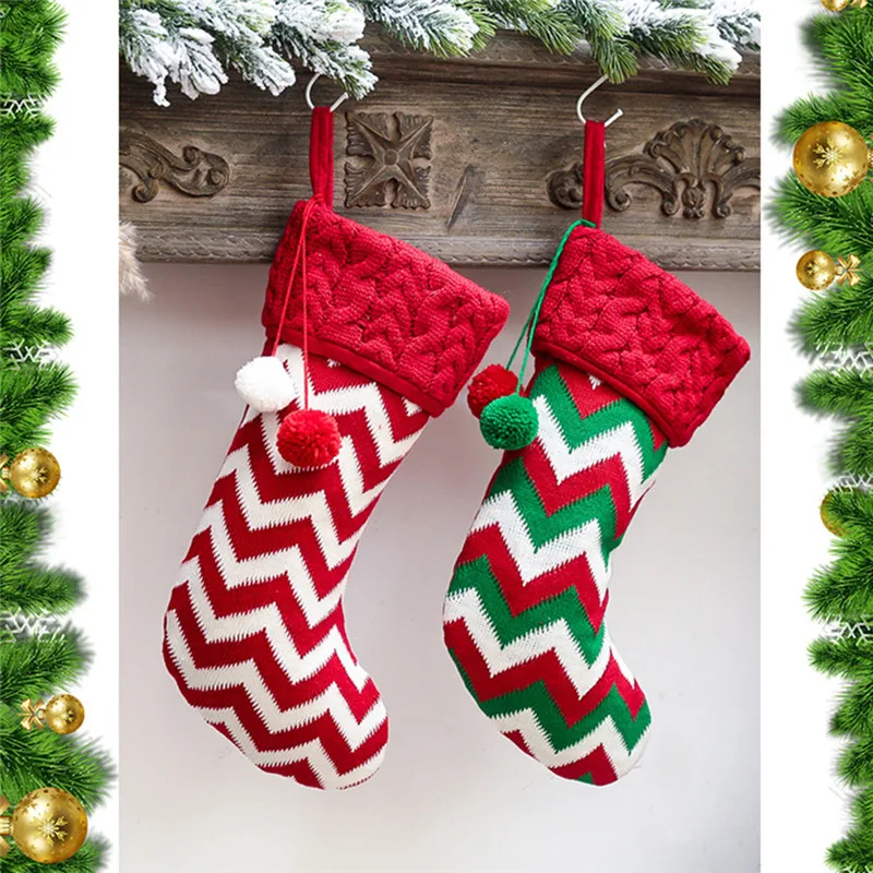 Knitted Christmas Stocking Christmas Gift Bag New Year Gift Sock Xmas Tree Decor 
