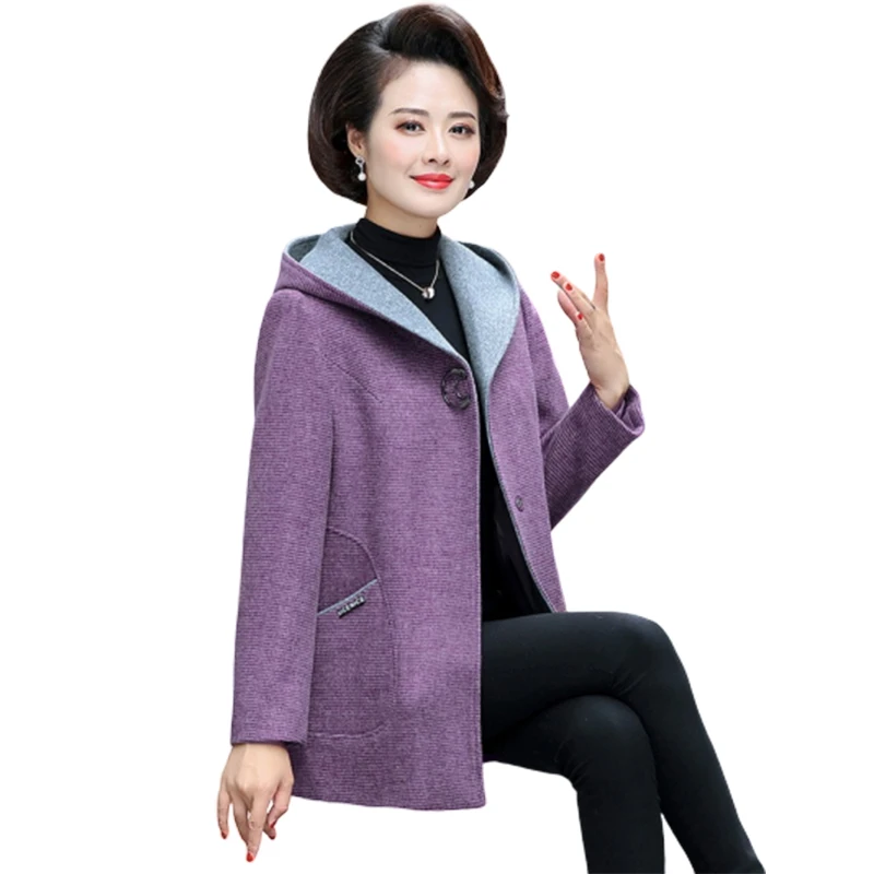 Plus size Middle-aged women Woolen coat New Autumn Winter Jacket Coats Noble Womens Wool coats Loose Hooded Overcoats 5XL F1124