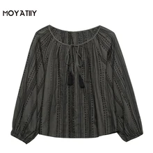 

Женская блузка с вышивкой MOYATIIY, модная Свободная рубашка в стиле ретро с круглым вырезом и кисточками, женские Топы с длинным рукавом, 2022