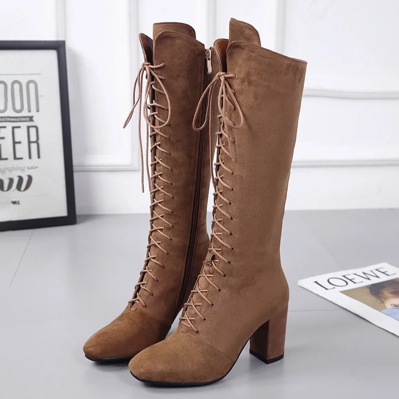 

Round Toe Cross-tied Solid Women Boots High Zip Casual Long Boots Knee-High Square Heel Flock Fashion Concise Winter Shoes