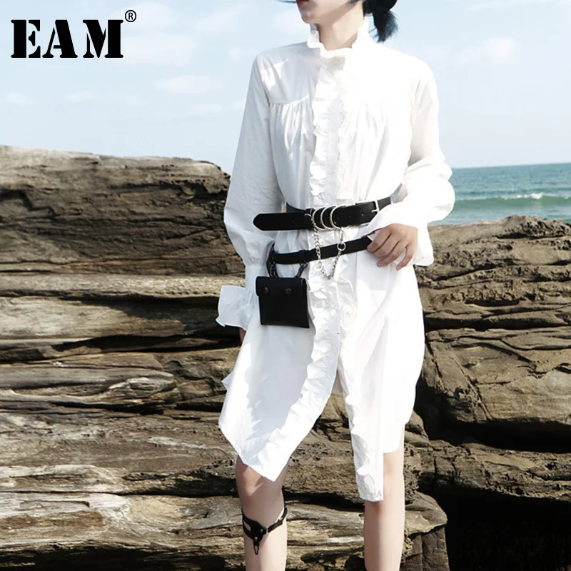 [EAM] женское белое платье-рубашка с оборками, большой размер, новинка, воротник-стойка, длинный рукав, свободный крой, Мода весна-осень, 1K185