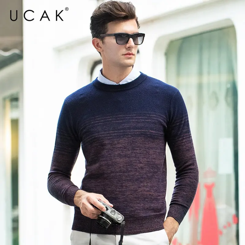 UCAK Brand Merino Wool Sweater Men Autumn Winter Thick Cashmere Pullover Men Fashion Gradient Color Men Sweater Pull Homme U3055