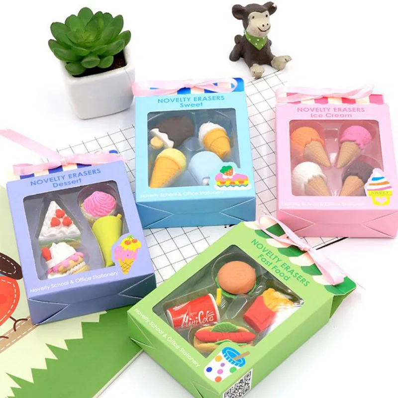 

4 pcs Dessert Cheeseburger Eraser Kawaii Pencil Eraser Cartoon Style Creative For Kids Funny Erasers Stationery School Supplies