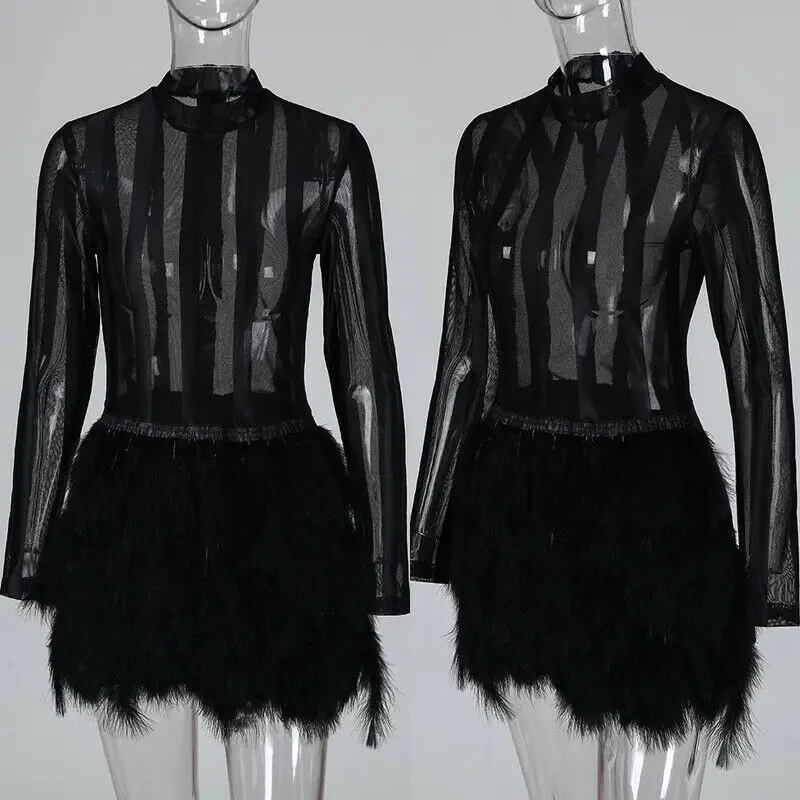 Fashion Women Ladies Sexy Long Sleeve Bodycon Party Evening Sheer Mesh Fur Mini Dress Black Party Dress