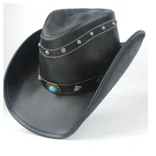 Кожаная женская мужская черная западная ковбойская шляпа с закатанными полями в стиле панк ремень Джаз сомбреро папа шляпа размер 58-59 см
