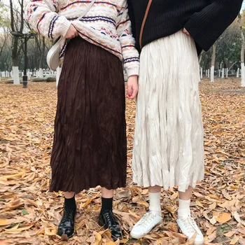 

2020 Fashion Design Autumn Winter Women Skirt Vintage Suede Long Skirts Elastic Waist Boho Beige Pink Maxi Skirts Faldas Saia