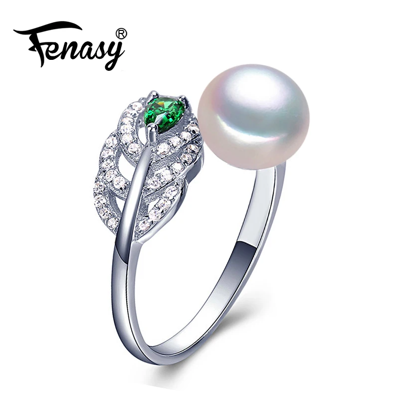 FENASY Geometric Natural Freshwater Pearl Rings For Women Silver Color Emerald Green Crystal Female Ring Fine Jewelry