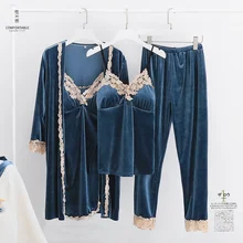 Зимнее бархатное платье золотистого цвета, комплект халатов с длинными рукавами, костюм из 4 предметов, сексуальная женская ночная рубашка, ночная рубашка, домашняя одежда, домашняя одежда