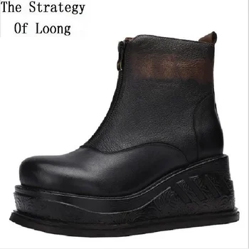 

Women Equestrian Boots Spring Autumn Winter Retro Lady Genuine Leather Carved Short Botas Ladies Platform Ankle Boots 191025